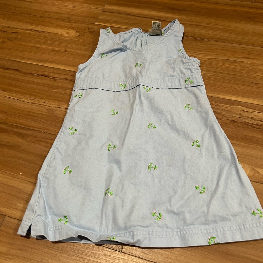 LL Bean 100% Cotton Light Blue Sleeveless Dress with Green Anchor Print Size 4